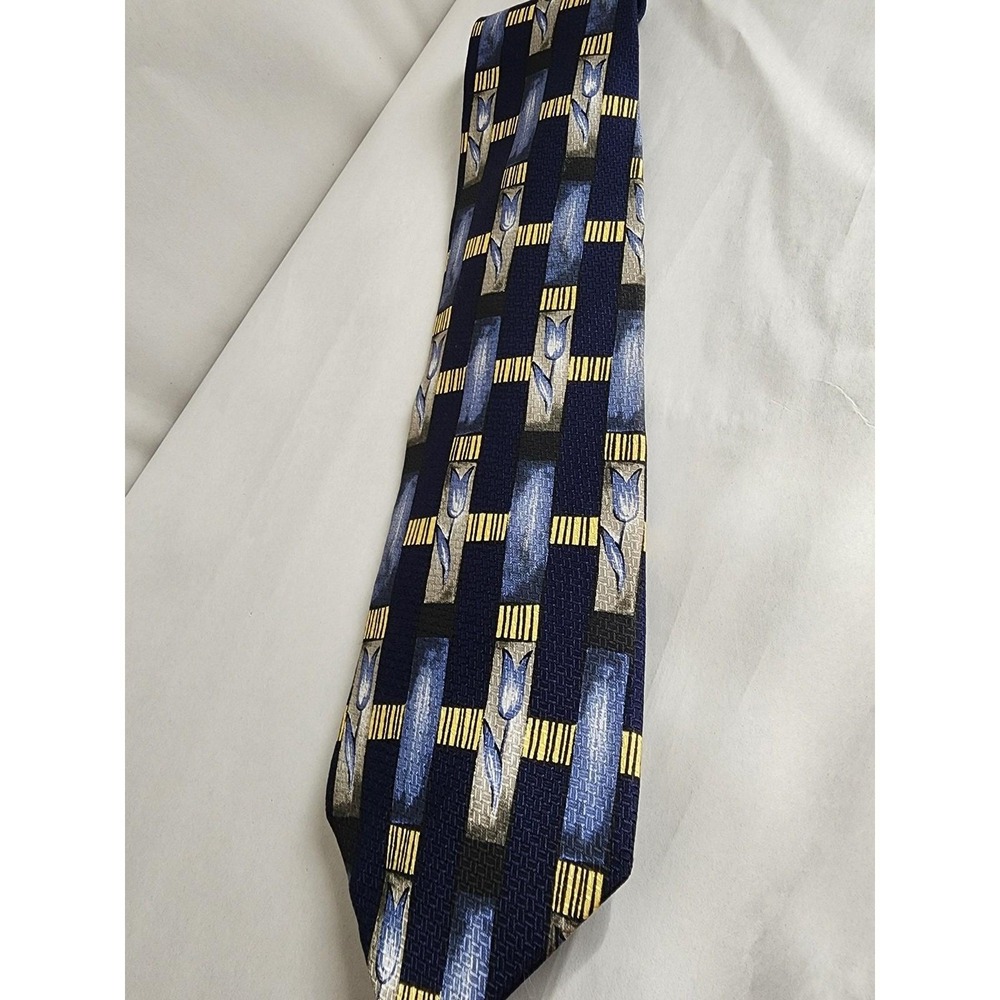 Oleg Cassini Mens Silk Tie Navy Blue Yellow Tulip Floral Geometric Necktie